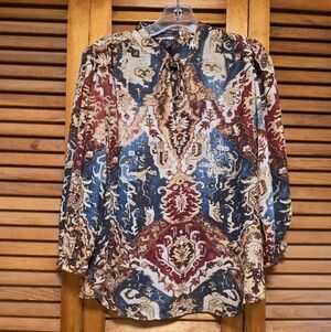 Chaps Blouse Women's Aztec Print Peasant V-Neck Blouse 3/4 Sleeve Size LP